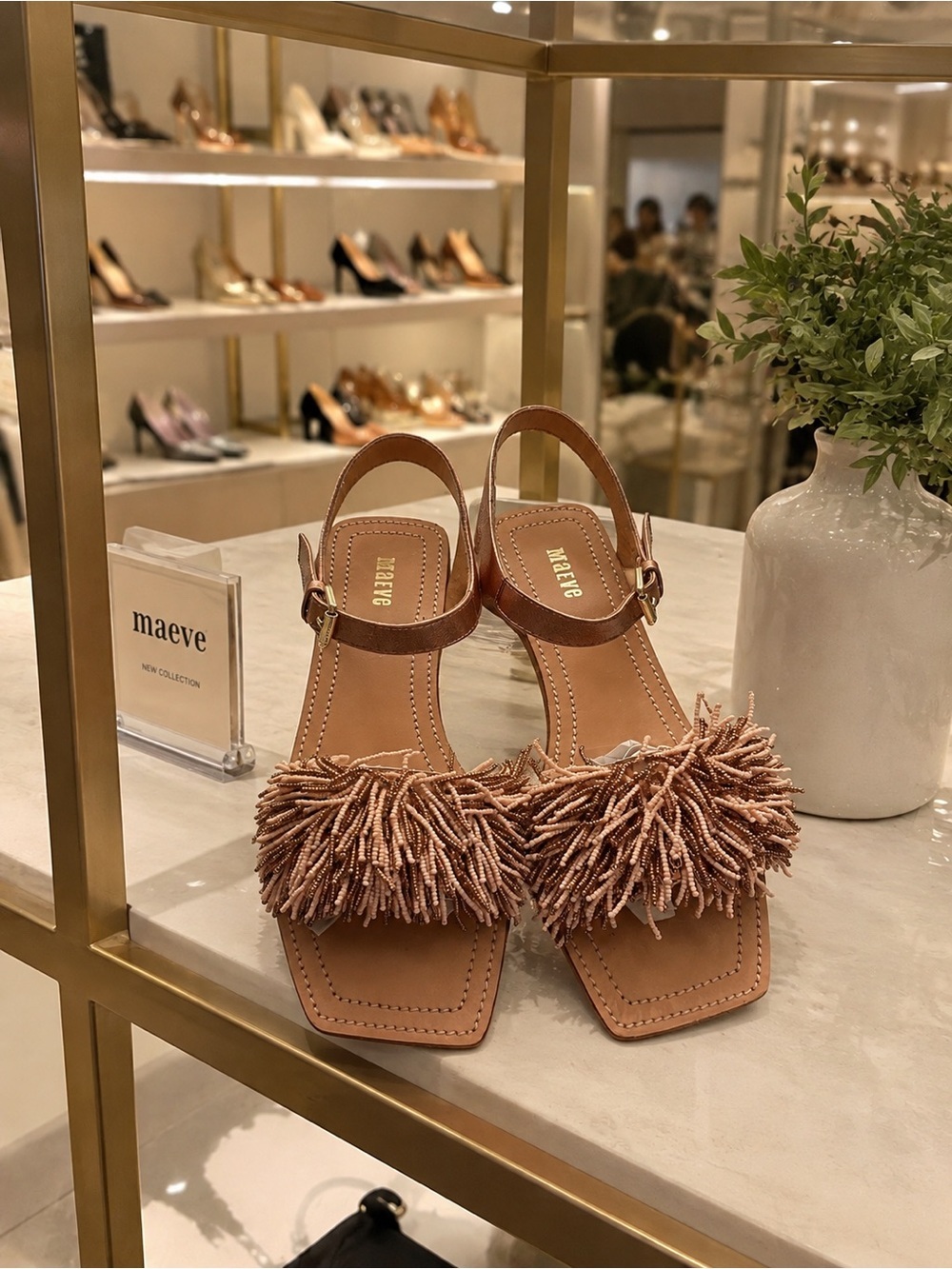 Anthropologie Maeve Beaded Fringe Slingback Sandals in Blush